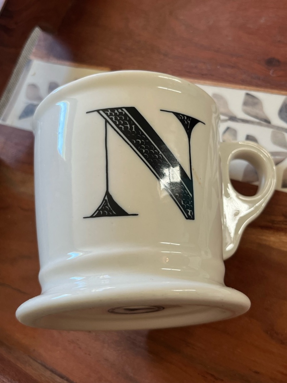 Anthropologie White Ceramic Mug with Black N Monogram Cup